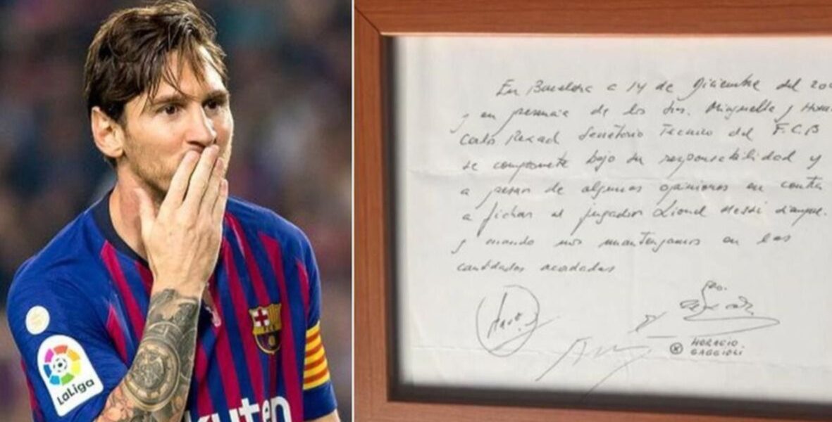 La servilleta del primer contrato de Messi con el Barcelona por 890 mil euros